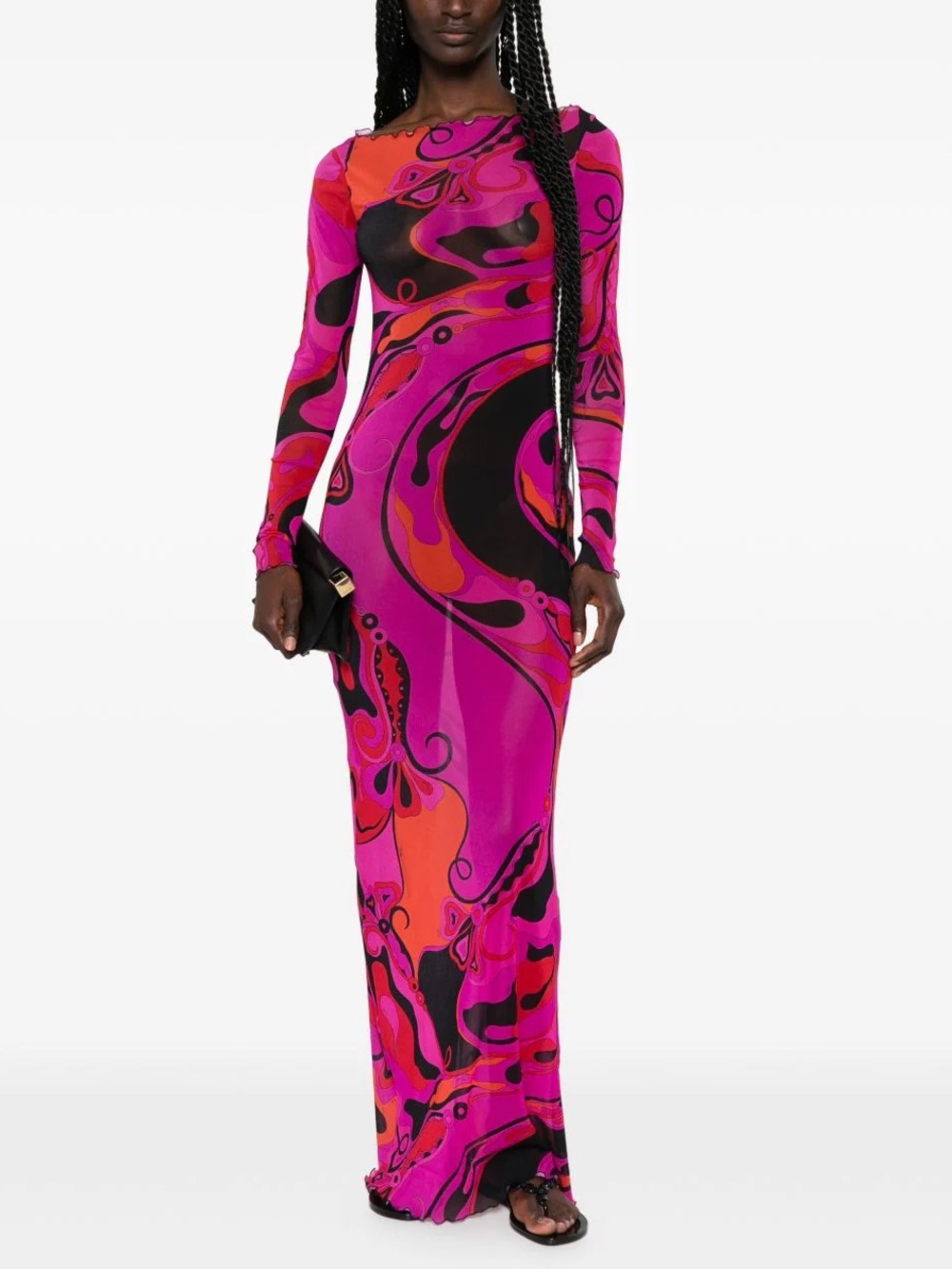 Emilio Pucci Fuchsia, Black & Red Abstract Print Long Sleeve Maxi Dress
